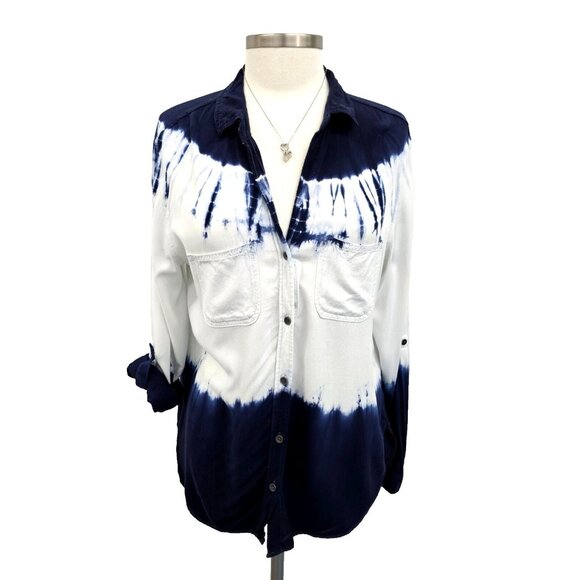 Rock & Republic Womens M Blue White Tie Dye Button Front Shirt Roll Tab Sleeve - Picture 1 of 15